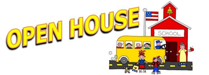 school bus, school house, students, open house