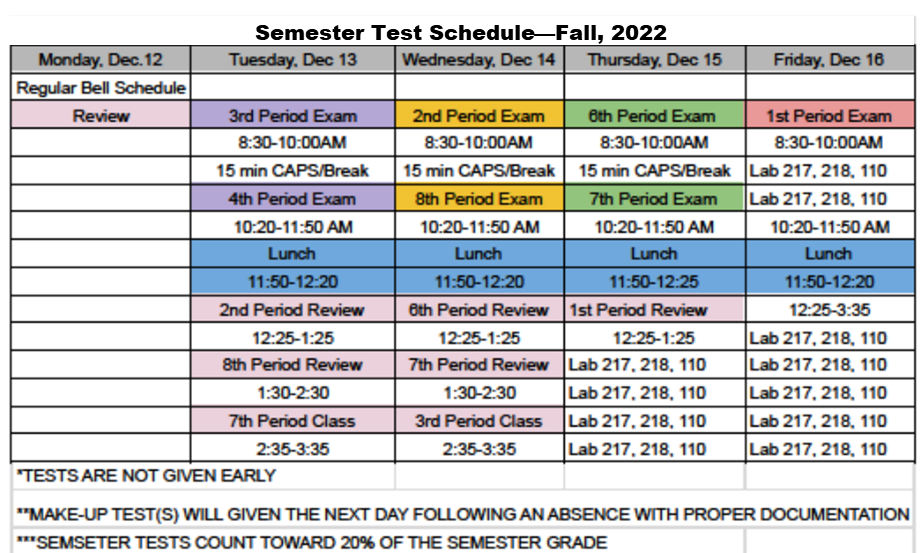 Semester Test Schedule - Fall, 2022