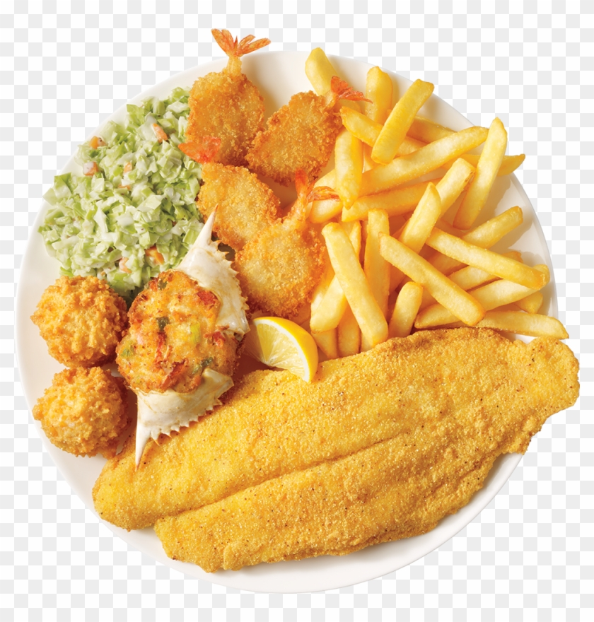 Fried fish, hush puppies, coleslaw, fried shrimp, french fries