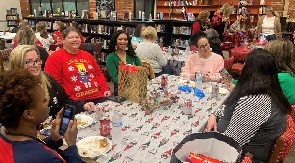Staff Christmas party in the media center.