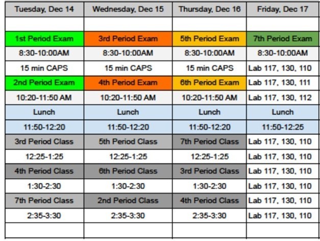 WHHS Semester Test Schedule