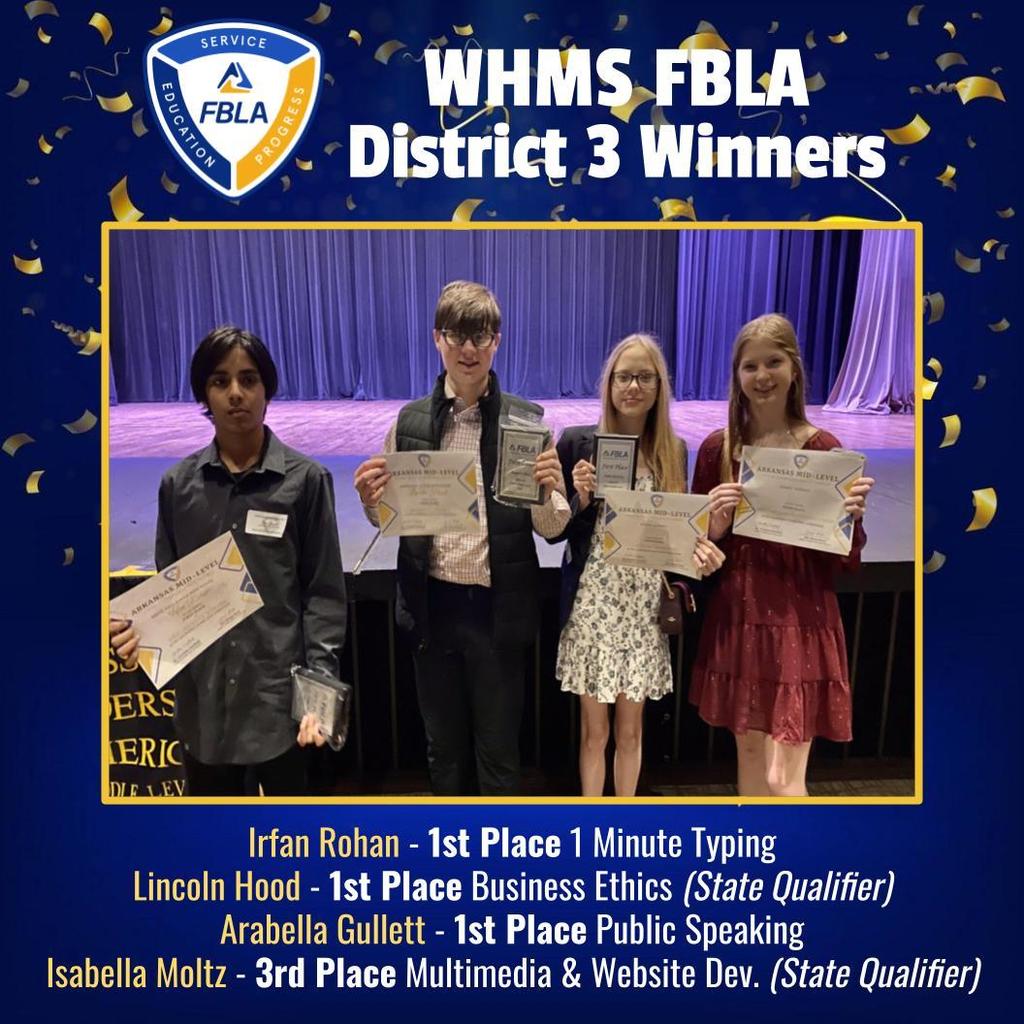 WHMS FBLA District 3 Winners: Iran Rohan, Lincoln Hood, Arabella Gullett, and Isabella Moltz