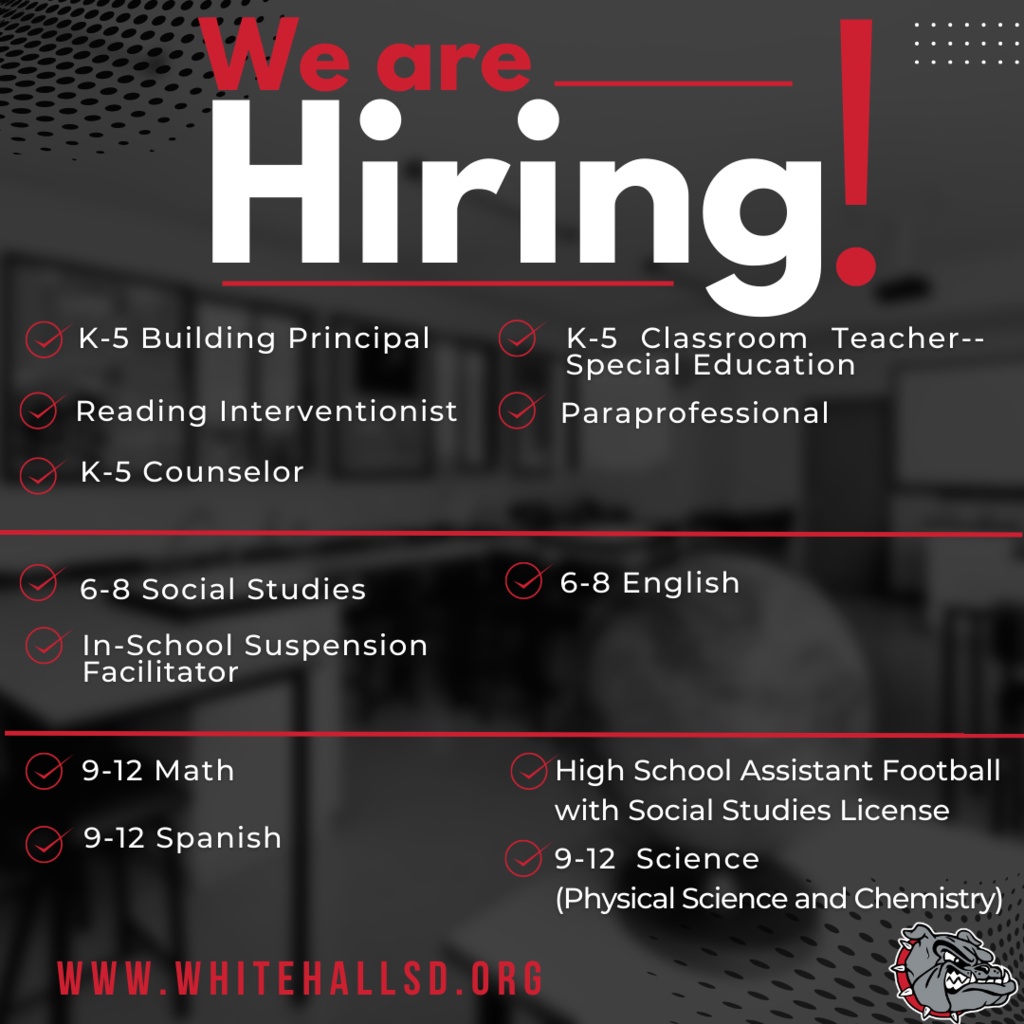 We are hiring K-5 Principal, K-5 counselor, k-5 teacher 6-8 social studies, 6-8 english, 9-12 math, 9-12 science,  asst. football coach with a social studies license, and 9-12 spanish